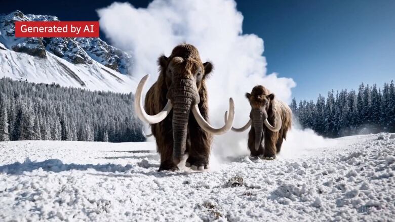 An AI-generated photo of two wooly mammoths treading through snow in the mountains.