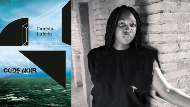 Book cover of black geometric shapes on a blue and green background next to a black and white photo of a Black woman with long braids.