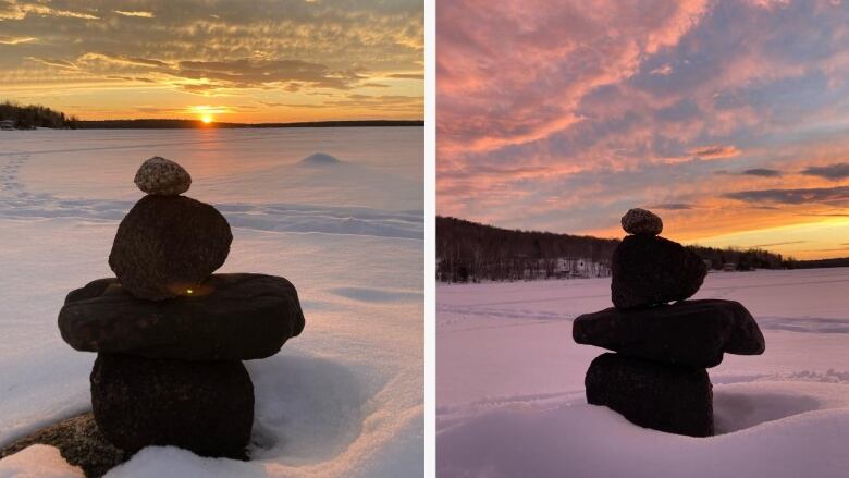 A small stack of stones, called an Inukshuk, stands a snowy clearing as the sun sets. A forest is in the distance.