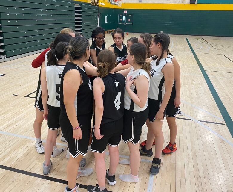 A group of girls basketball players standing in a circle