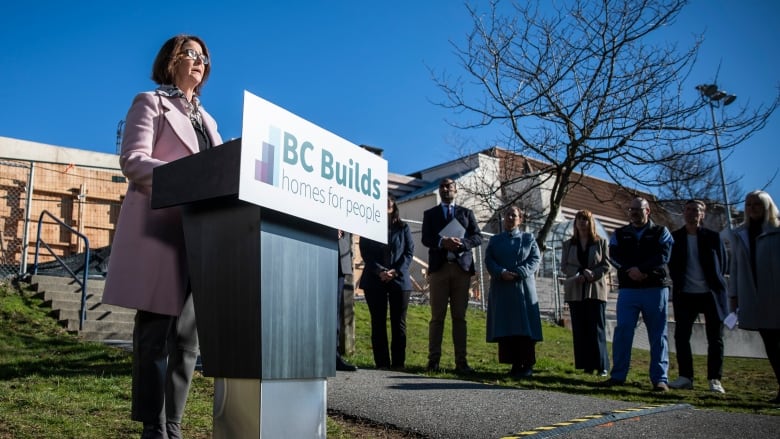 North Vancouver mayor Linda Buchanan is pictured during an announcement regarding building more housing in North Vancouver, British Columbia on Tuesday, Feb. 13, 2024 as part of the province's B.C. Builds program.