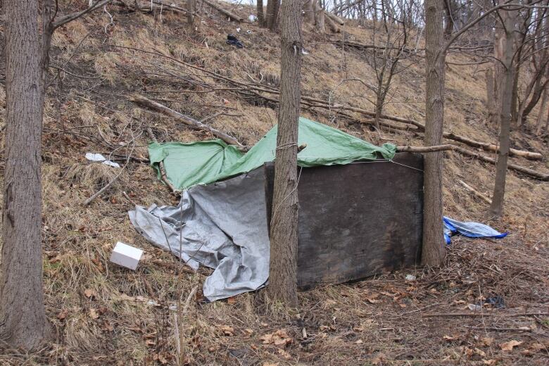 A makeshift tent for a homeless person in Windsor, Ont.