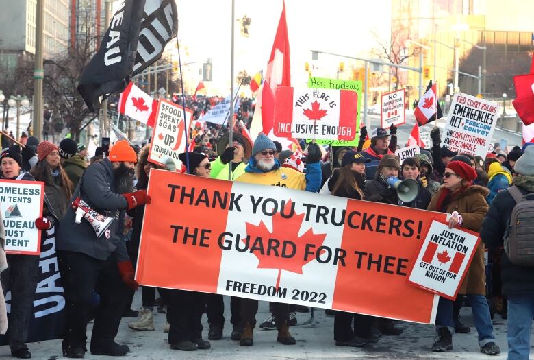 A large group of protesters carrying flags and signs gathers outside on a downtown street.