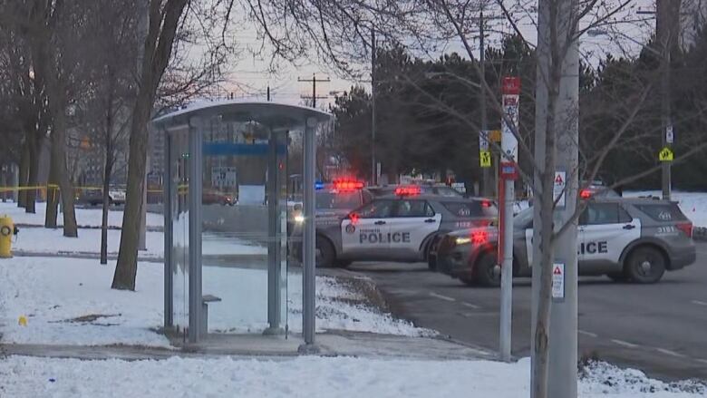 Police cars are seen near a bus stop.