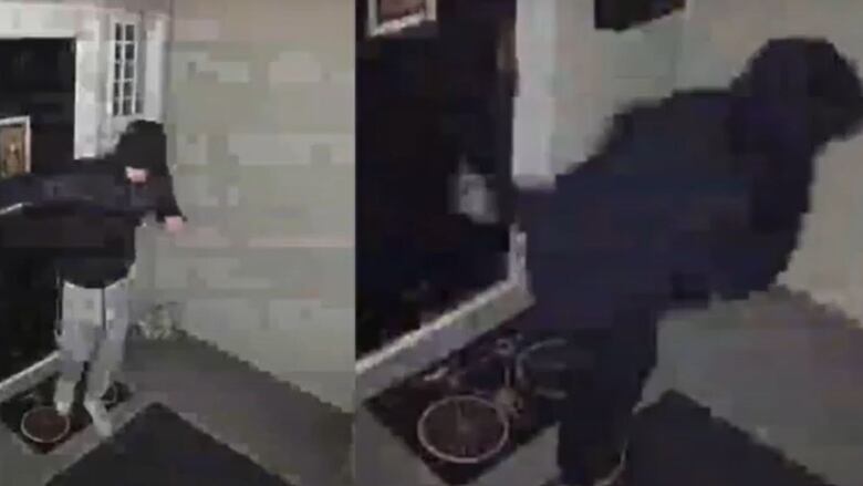 A screengrab from CCTV video showing two suspects kicking the door of a North Vancouver home.