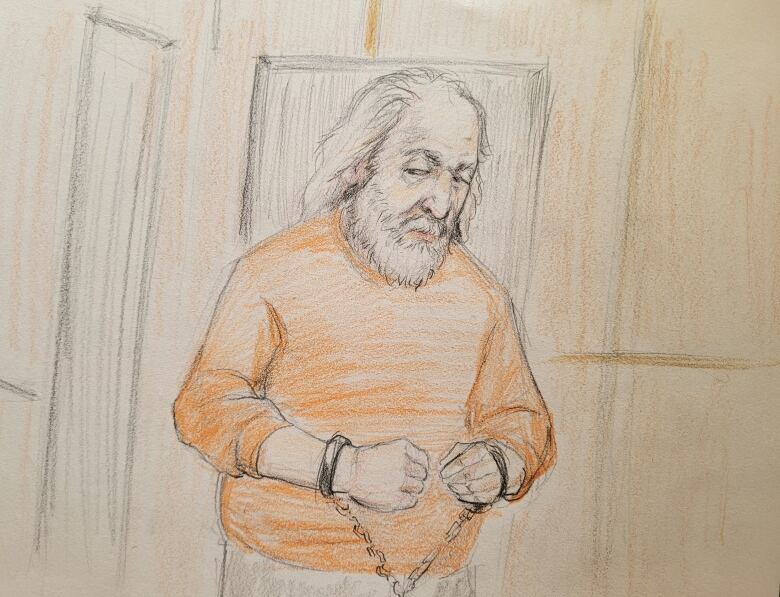 A sketch shows a man standing in an orange shirt, wearing handcuffs.