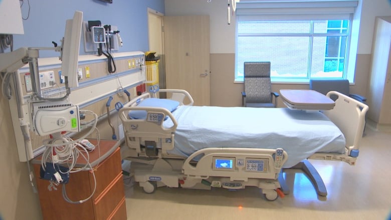 A hospital room with a vacant bed.