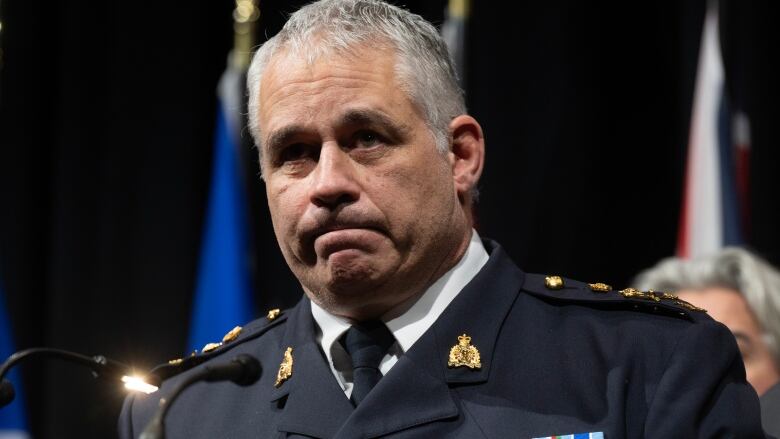 RCMP Commissioner Mike Duheme speaks during a news conference at the National Summit on Combatting Auto Theft, in Ottawa, Thursday, Feb. 8, 2024. 