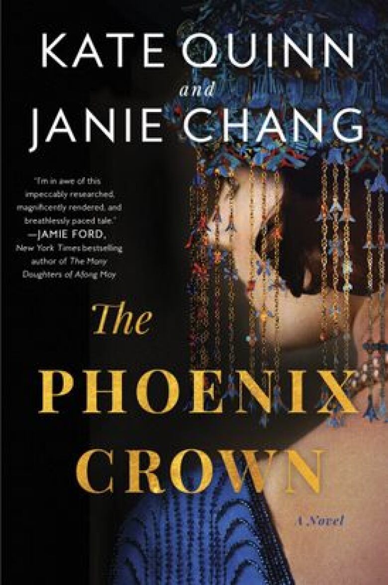 A book cover featuring the back of a woman in a blue dress with a fancy headpiece