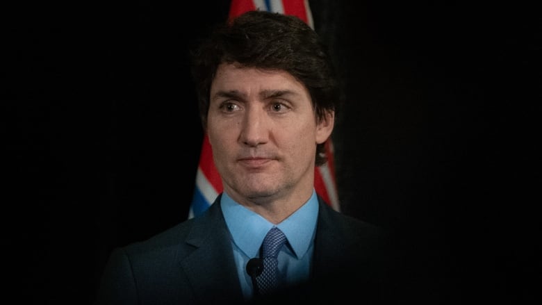 Prime Minister Justin Trudeau pauses during his speech to medical professionals and guests during the Vancouver Medical Association's 99th Annual Osler Dinner in Richmond, B.C. on Tuesday, Feb. 20, 2024.