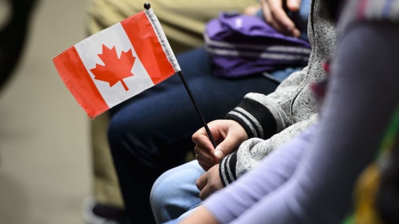 Someone sitting down holding a small Canadian flag. 