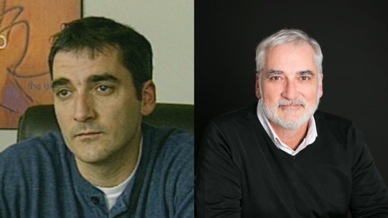 A side-by-side photo shows the same man in 1998 and today. In the older photo, he has black hair and is clean shaven. In the present-day photo, he has grey hair and a grey beard.