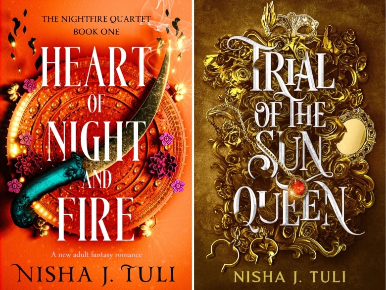 Two book titles are shown in this composite photo. At left is Heart of Night and Fire and at right is Trial of the Sun Queen.