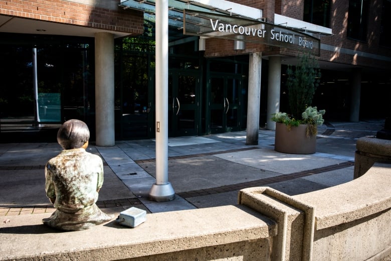 A statue of a schoolchild looks at a building that reads 'Vancouver School Board'.