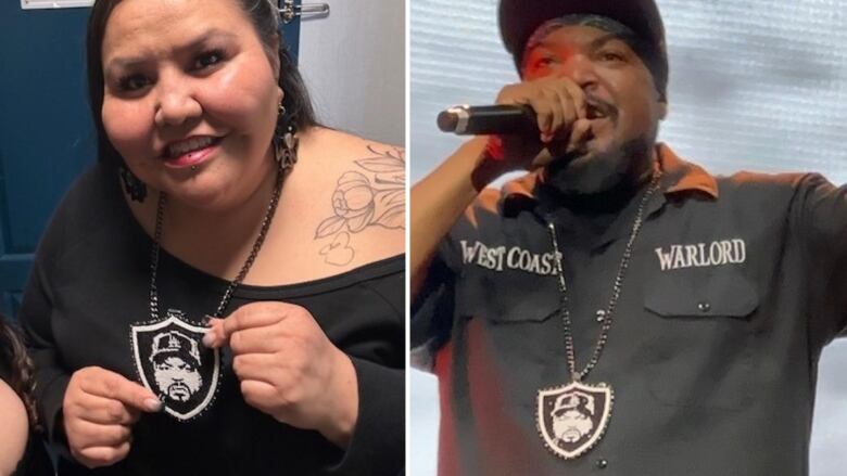 A split image, one showing a woman wearing a beaded medallion, the other showing rapper Ice Cube wearing the same medallion.