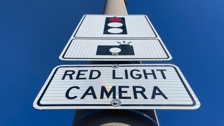 A sign marks that a red light camera is ahead. 