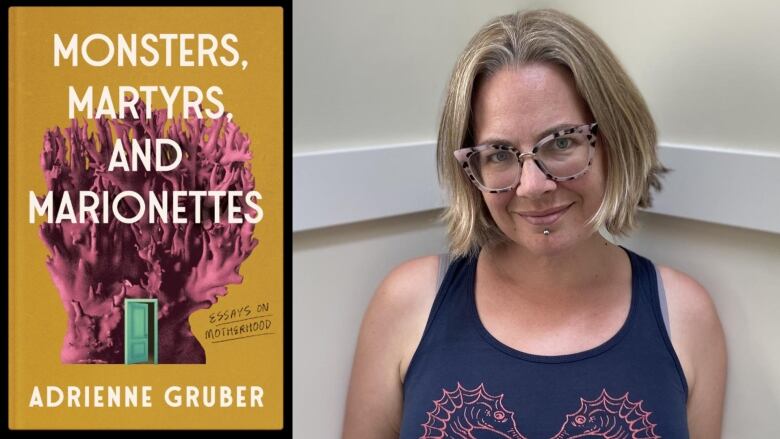 The book cover: an illustration of a pink tree with a teal door in the trunk and the author photo: A woman with short sandy blonde hair and pink glasses with a piercing under her mouth and wearing a blue tanktop, she is smiling and looking straight at the camera