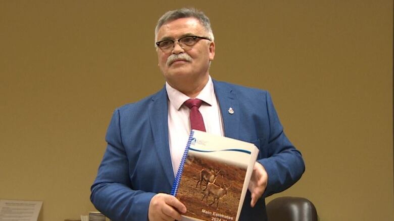 A man wearing a suit and glasses with a red tie and holding a budget book looks on. 