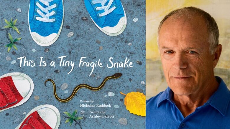 The book cover with an illustration of a small snake in between 2 pairs of shoes, one blue and one red; and the author photo: a portrait of a man with very short grey hair and wearing a blue polo shirt