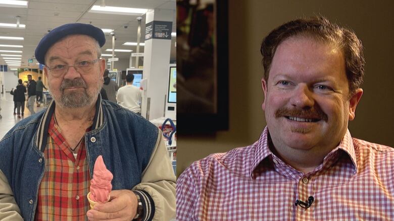 On the left, a photo of a man in a varsity jacket and plaid shirt holding an ice cream cone. On the right, a man wearing a plaid shirt and smiling.