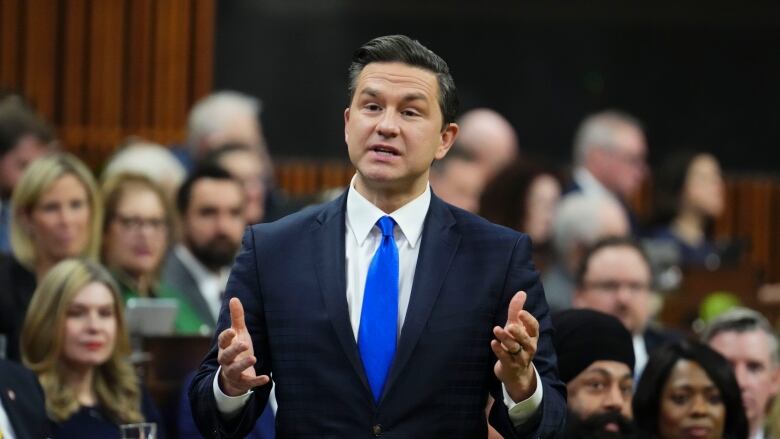 A man in a dark suit abd blue tie stands inside the House of Commons.