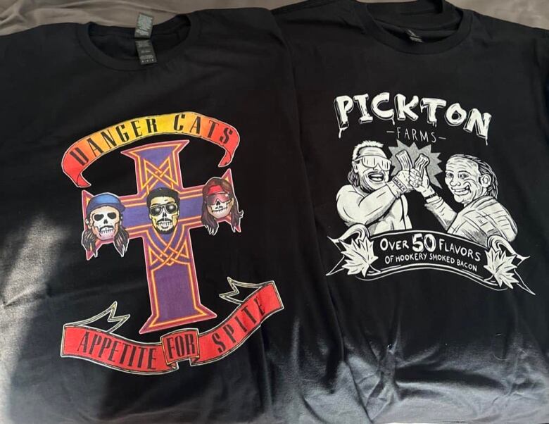 Two t-shirts are pictured side by side. The one on the right pictures two men holding up bacon strips and says 