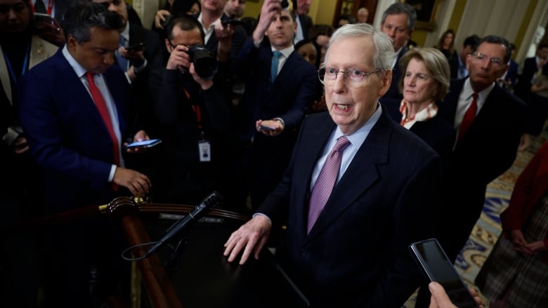 U.S. Senator Mitch McConnell speaks to reporters at the U.S. Capitol on Feb. 27, 2024.