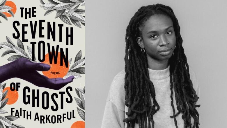 A book cover of hand with oranges and leaves. A black and white photo of a Black woman with long dreadlocks wearing a grey crewneck. 