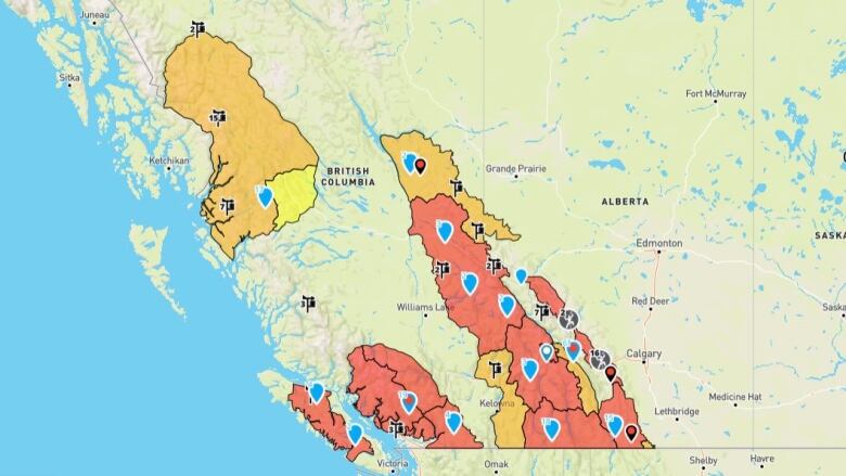 A map that shows red sections to indicate where avalanche danger is high