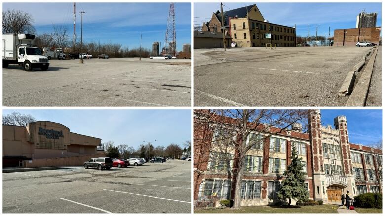 A collage of two parking lots and two buildings.