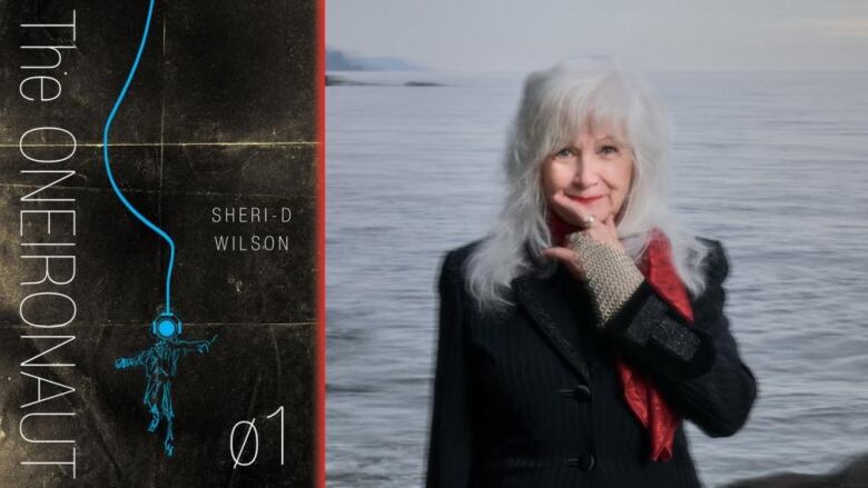 A black book cover with a blue astronaut. A woman with grey hair by the water. 