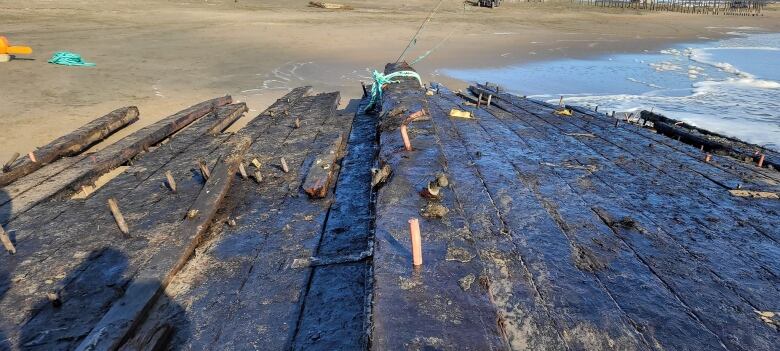 Pieces of wood lying on a sandy beach.