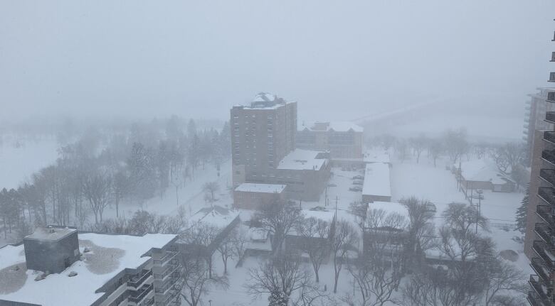 a skyline photo shows buildings in a haze of stormy winter conditions and snow covering much of the ground below