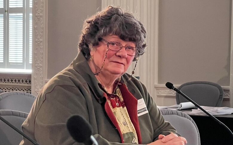 A woman sits behind a desk.