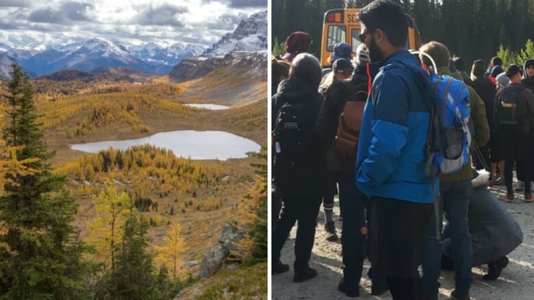 two photos, side by side. one image shows a lake in between trees, the other shows a group of people standing outside.