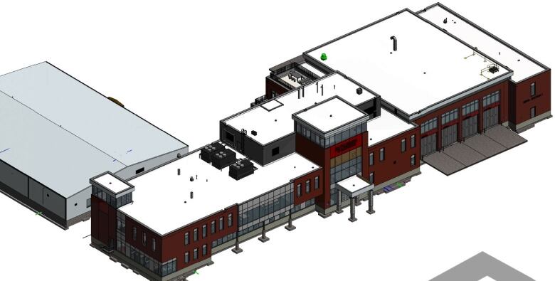 A graphic drawing shows a 2-D model of the two-storey building from above