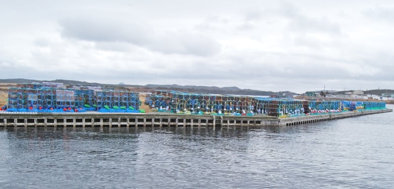 Dozens, perhaps hundreds, of lobster pots crowd a wharf on a grey cloudy day.