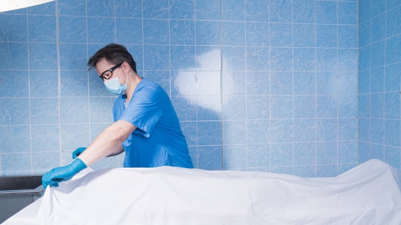 A stock image of a coroner covering up a dead body with a white sheet in a hospital or morgue setting. 