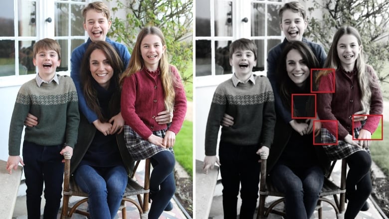 A smiling woman sits outside with her three children. 