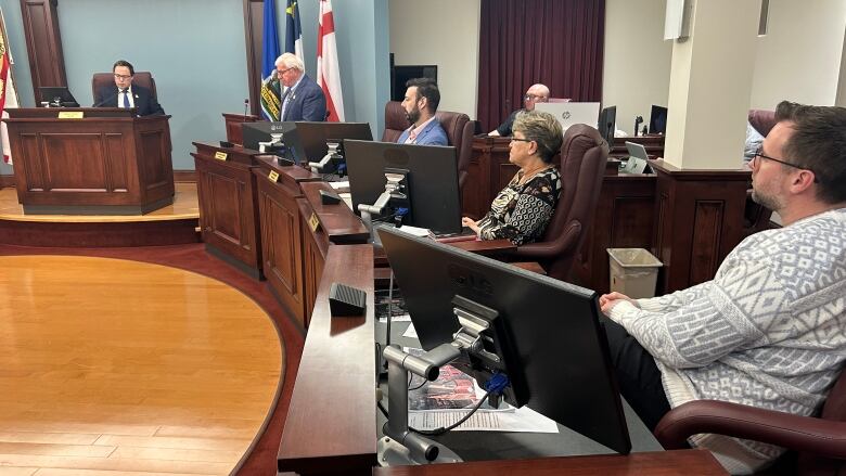 Councillors look on from their chairs as a man stands to present the budget.