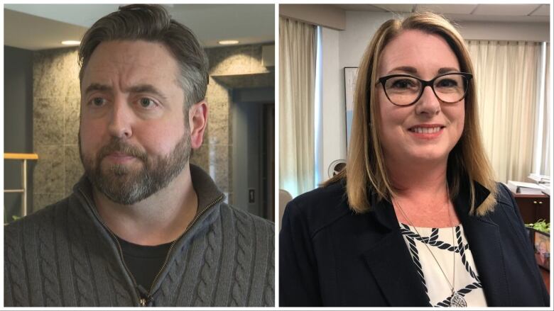 A collage of two photos. On the left, a man with a beard wearing a grey sweater stands in a lobby space. On the right, a smiling woman wearing a blazer stands in an office.