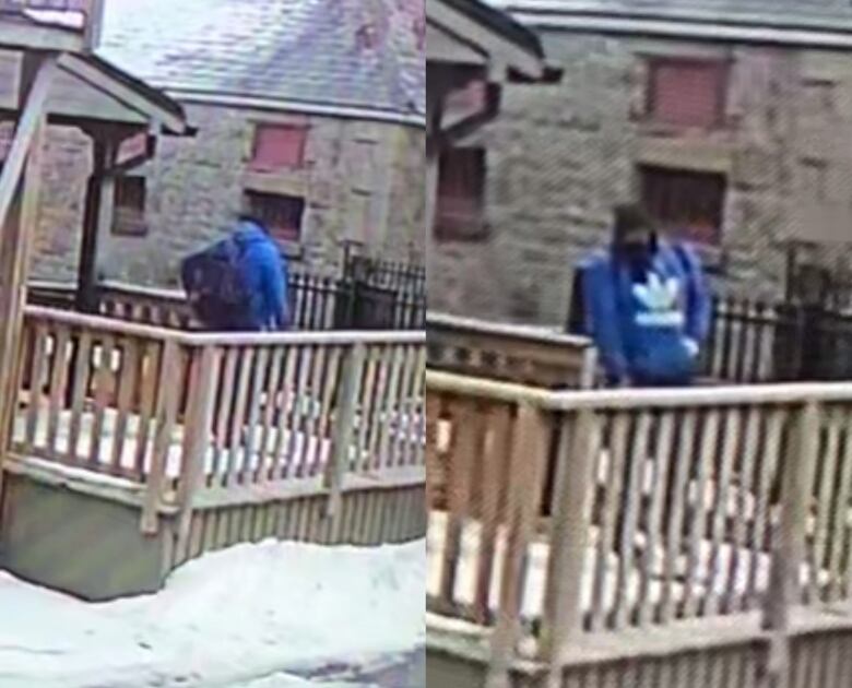 Images shared by Fredericton police show a person wearing a blue sweatshirt and backpack.