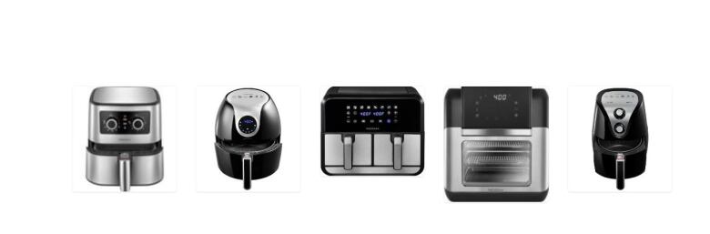 Five side-by-side images of different types of air fryers. 