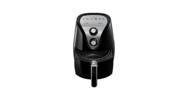 A black and silver air fryer on a white background