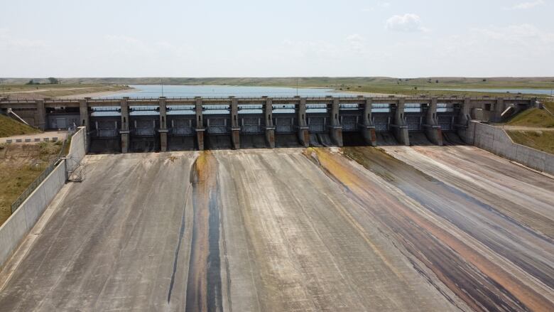 An straight on view of the spillway at Lake Diefenbaker. 