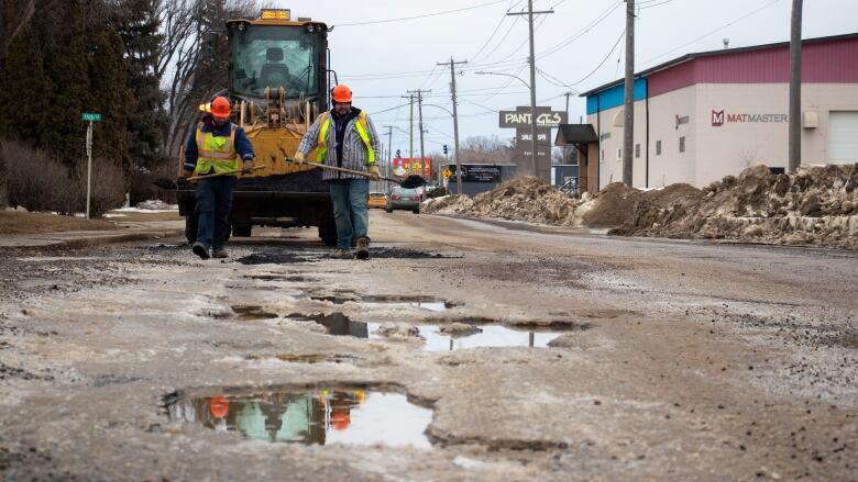 Two men work to fill potholes.