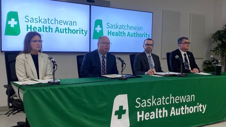 Saskatchewan Health Authority officials including CEO Andrew Will (second from left) hosted a news conference at Saskatoon City Hospital Wednesday.