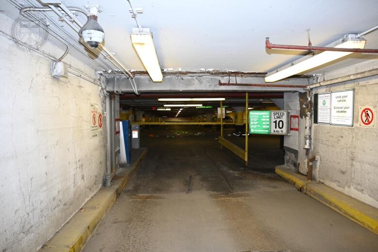 A court exhibit photo that shows a view of an underground parking garage below Toronto City Hall where Det.-Const. Jeffrey Northrup died on July 2, 2021 after he was run over by a car. 