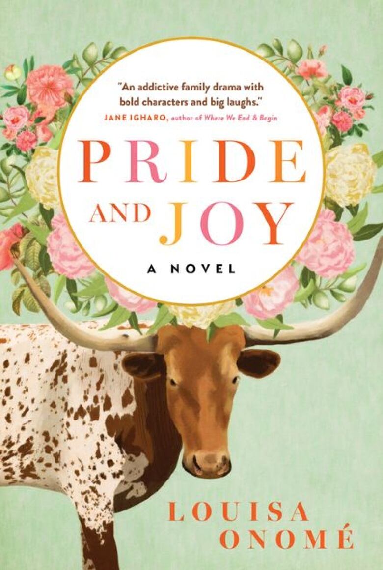 Pride and Joy by Louisa Onom. Illustrated book cover shows a speckled bull and a wreath of pink and white flowers.