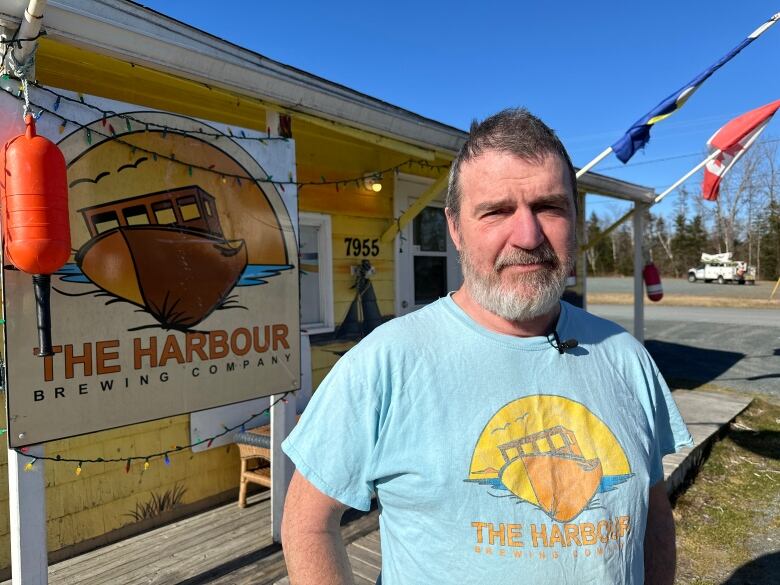 a man with a beard stands in front of a yellow shed